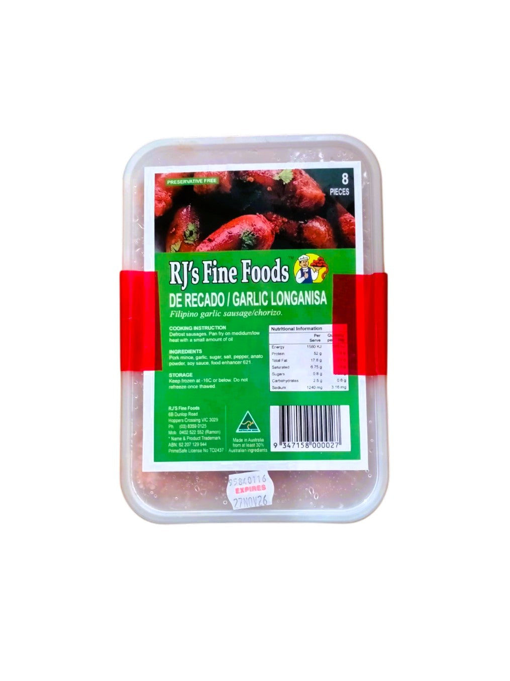 Frozen RJ's De Recado/ Garlic Longganisa 20x8pcs/ container